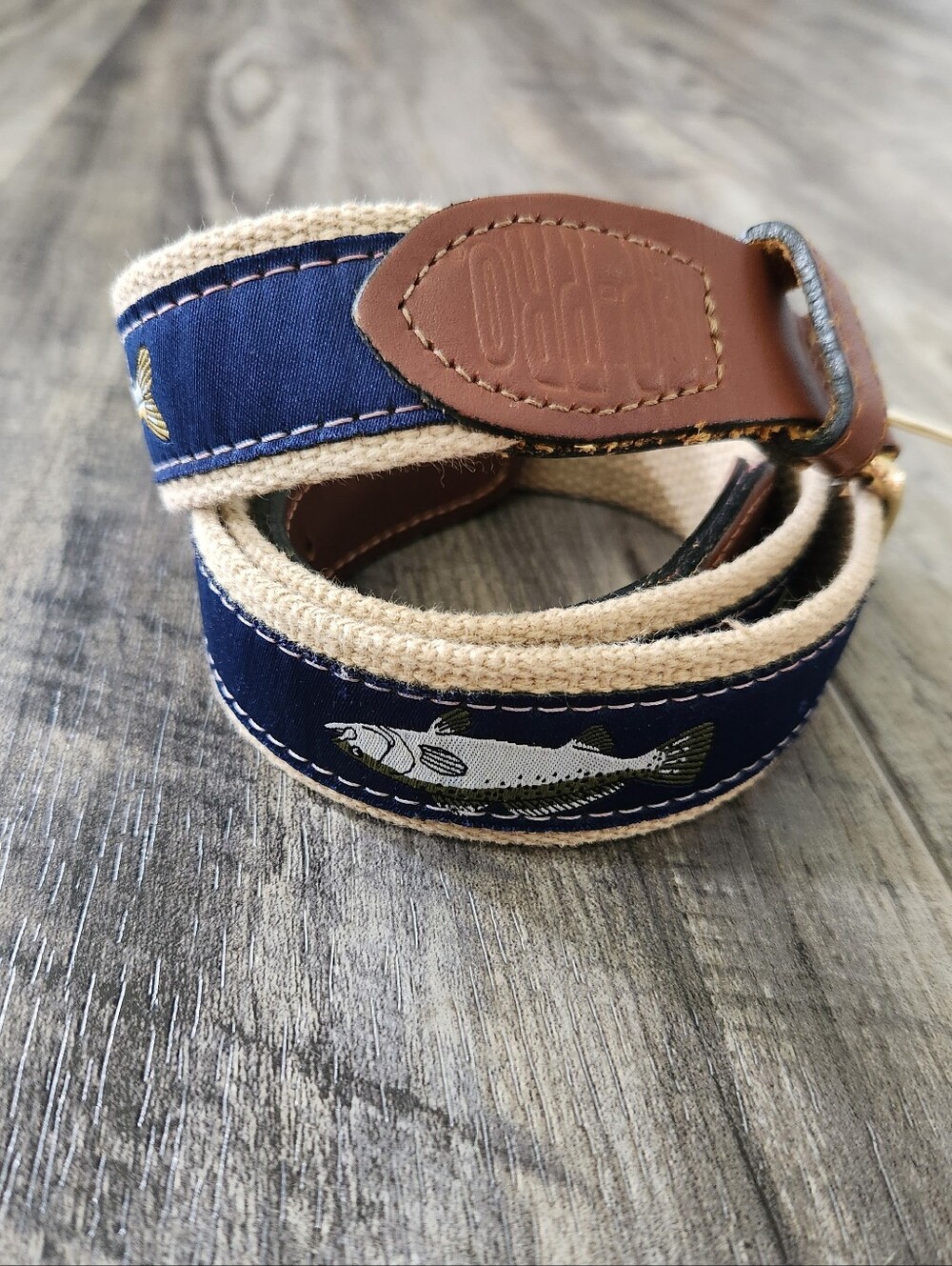 Zep-Pro Vintage Clubhouse Fish Canvas Belt Navy Tan Brass Buckle Size 42